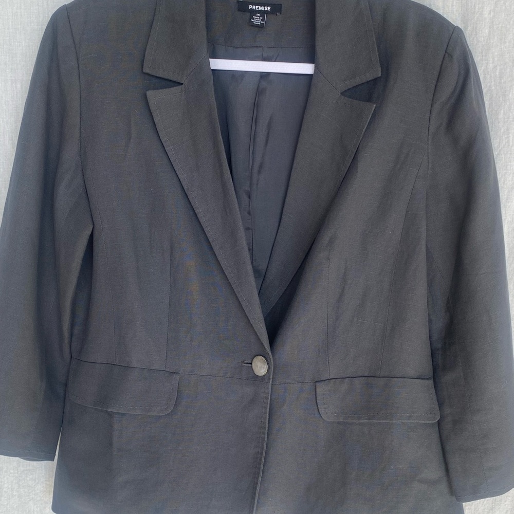 Grey Linen Blend Cropped Blazer 3/4 Sleeve Minimal